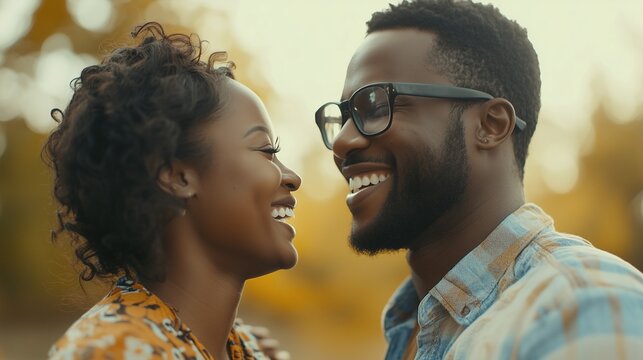 An african american couple smiling. A couple of men are laughing and talking. A generative ai is a great way to get outdoors. A couple of african lifestyle american descent smiling.