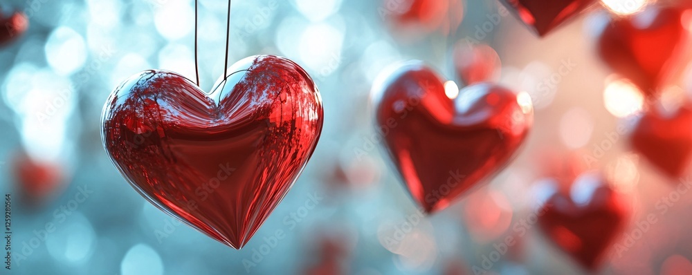 Poster Red hearts hanging on string creating romantic bokeh background