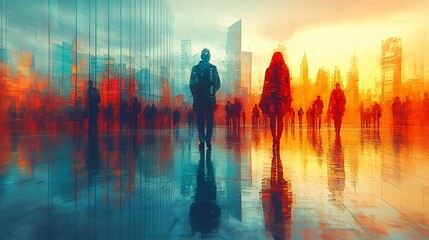 Urban silhouette of people walking at sunset, reflecting city skyline and vibrant colors