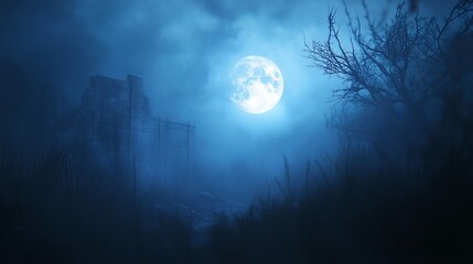 Full moon in the night. Full moon in the sky with blue fog and blue clouds at night. A dark eerie gothic nighttime ambiance with a light and a spooky light. A complete moon shining lifestyle in the.
