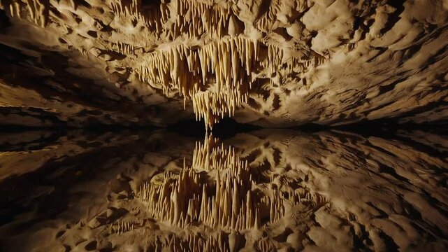 Journey through a majestic cave with stalactites reflecting in water