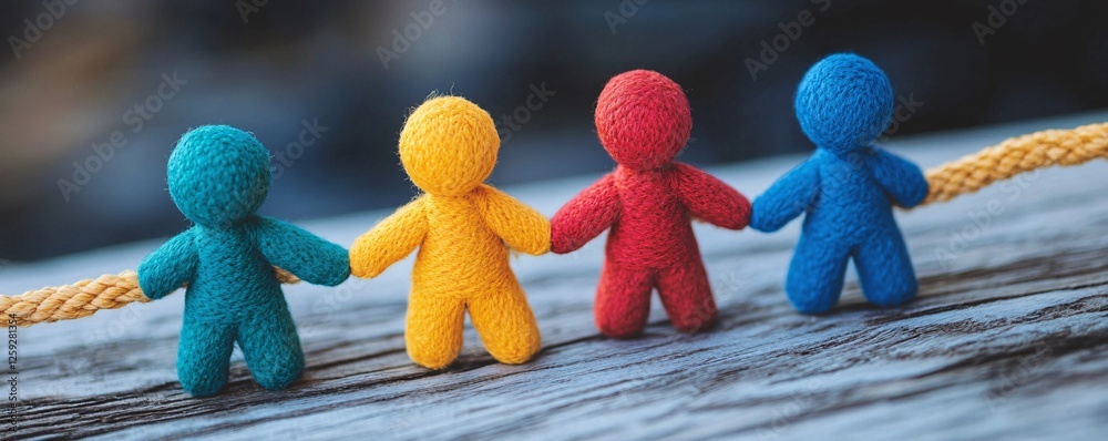 Poster colorful handmade figures holding hands and showing unity and teamwork
