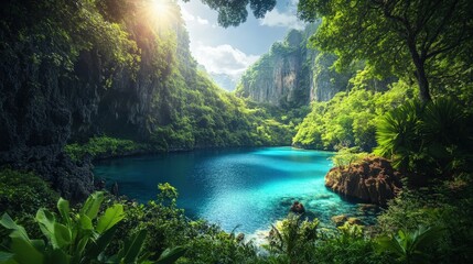 A vibrant photo of a hidden tropical lagoon surrounded by dense jungle and dramatic cliffs