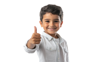 Smiling school boy giving a thumbs up isolated on white or transparent, PNG
