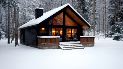 Snowy cabin in the woods, warm interior, winter vacation