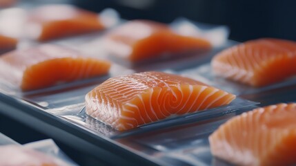 Fresh salmon fillets, glistening with a rich orange hue, are neatly arranged on a conveyor belt. 
