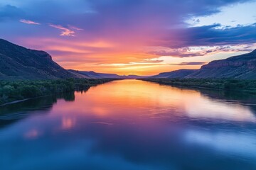 Fototapeta premium A vibrant sunset reflecting on the calm surface of a wide river