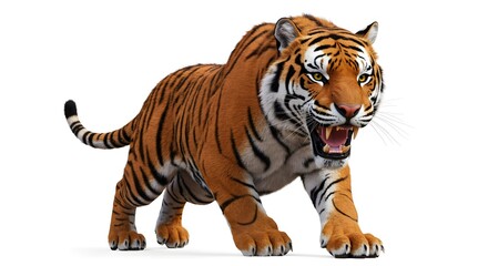 Fototapeta premium Roaring Tiger Walking Isolated on White Background Menacing Wild Animal