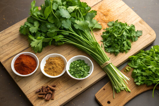 Fresh herbs and spices laid out on a chopping board