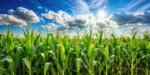 Lush Green Cornfield Basking in the Warm Sunlight of a Partly Cloudy Day