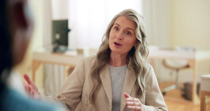 Woman, teacher and therapist talking with intern for meeting, discussion or therapy lesson. Female person, consulting and training junior with advice for psychology practice, education or session