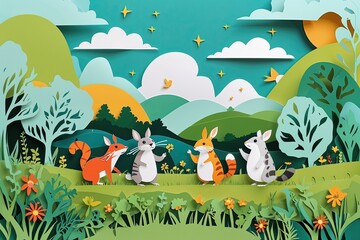 Vibrant Pastoral Paper Cut Art Featuring Playful Animals and Abstract Nature Landscape