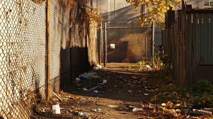 Obraz premium Abandoned alleyway with litter and chain-link fence