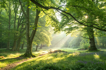 Fototapeta premium A serene forest glade with sunlight breaking through