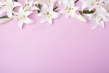 Naklejka premium White lily flowers on pink background with copy space. Floral arrangement for Mother's Day, Easter, International Women's Day, spring wedding or Valentine's Day celebration