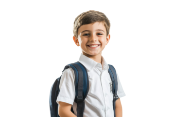 Smiling school boy with backpack isolated on white or transparent, PNG