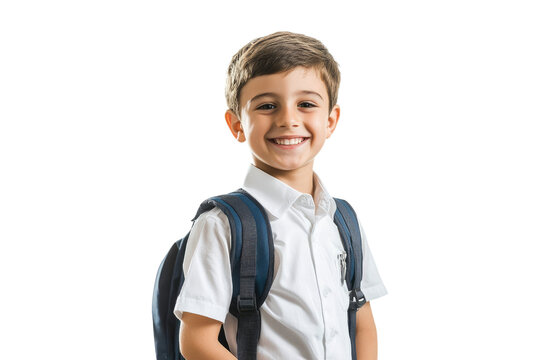 Smiling school boy with backpack isolated on white or transparent, PNG