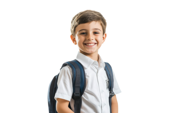 Smiling school boy with backpack isolated on white or transparent, PNG