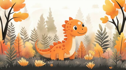 Adorable Orange Dinosaur in Autumn Forest Setting