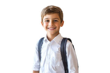 Smiling school boy with backpack isolated on white or transparent, PNG