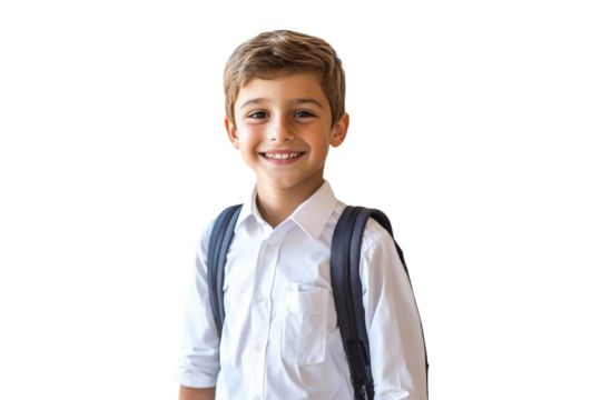 Smiling school boy with backpack isolated on white or transparent, PNG