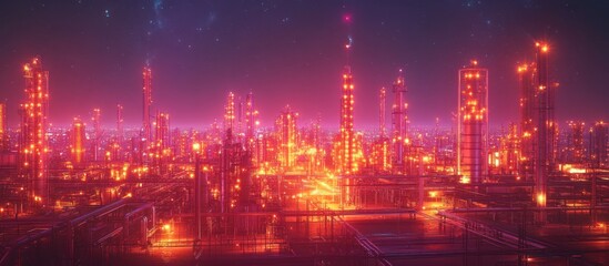 Futuristic city at night, glowing red and pink, illuminated skyscrapers and industrial structures.