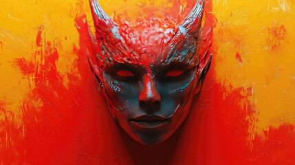 A dramatic close-up of a sculpted demonic face mask against a vibrant orange and red background.  The mask has horns and intricate detailing.