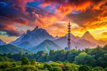Obraz premium Majestic Mountain Range at Sunset with Communication Tower
