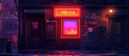 Night cityscape with neon signs on a stone building.