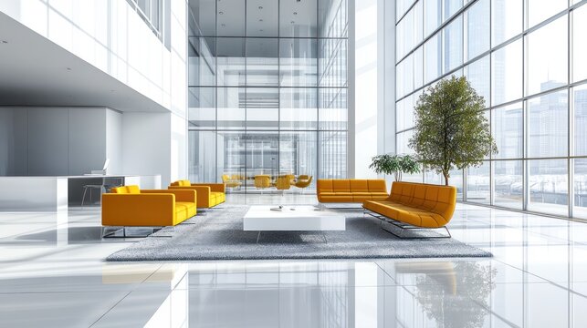 Modern Office Lobby With Yellow Couches and City View