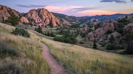 Fototapeta premium Sunset Hike: Serene Trail Through Rocky Mountains