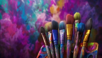 Fototapeta premium A Vibrant Symphony of Colors: Paintbrushes Resting on a Palette Against a Colorful Abstract Background