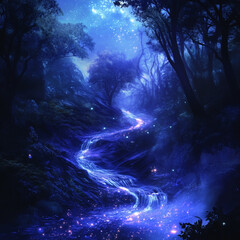 Obraz premium Dreamlike Enchanted Forest with Flowing Starlight, Generative AI