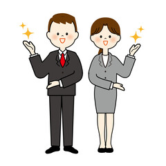 案内するスーツのキラキラ男女