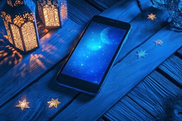 phone with ramadan elements around in blue tone, realistic image with generative ai