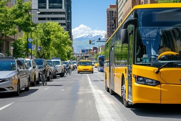 Obraz premium Yellow City Bus on Sunny Street with Mountain View