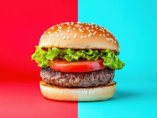 Delicious Sesame Seed Burger on Red and Blue Background