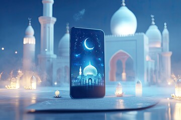 phone with ramadan elements around in blue tone, realistic image with generative ai