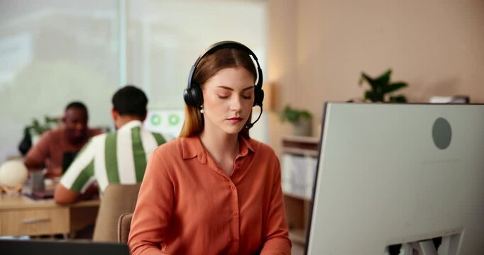 Call center, businesswoman and typing with computer for consultant, customer information and telemarketing. Office, digital and sales representative with headset for client report, research and faq