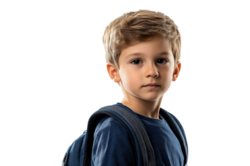 Portrait of a school boy with backpack looking serious isolated on white or transparent, PNG
