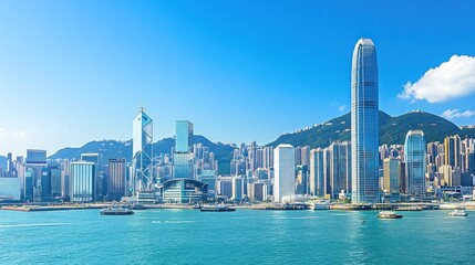 Naklejka premium Panoramic View of Hong Kong Skyline with Clear Blue Skies