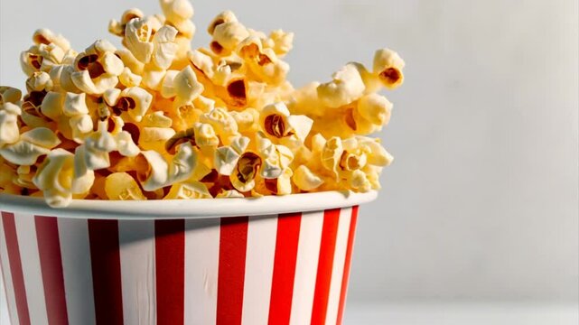 Movie theatre popcorn paper box on white background. Red and white plastic glass full of popcorn 