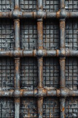 Abstract industrial backdrop with repeating metal grids and pipes