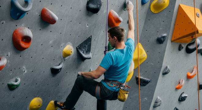 A man is climbing a rock wall with a yellow and orange rope