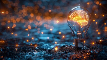 Illuminated Brain in Lightbulb  Idea  Innovation  Network  Technology