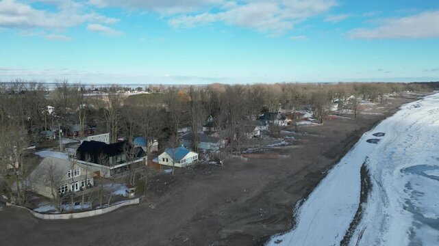 frozen Lake Erie, Canada, frozen waves, frozen water, top view of the island, Long Point National Wildlife Area, cottages