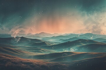 Mysterious Landscape Texture with Vintage Gradient Overlay and Dreamy Atmospheric Particles