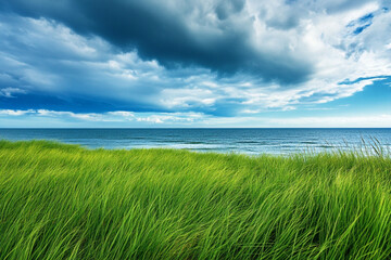       Grassy field with a view of the ocean and clouds