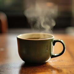 Steaming hot beverage in a green mug on a wooden table.