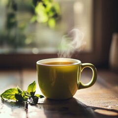 Steaming cup of tea on wooden table in sunlight. (1)